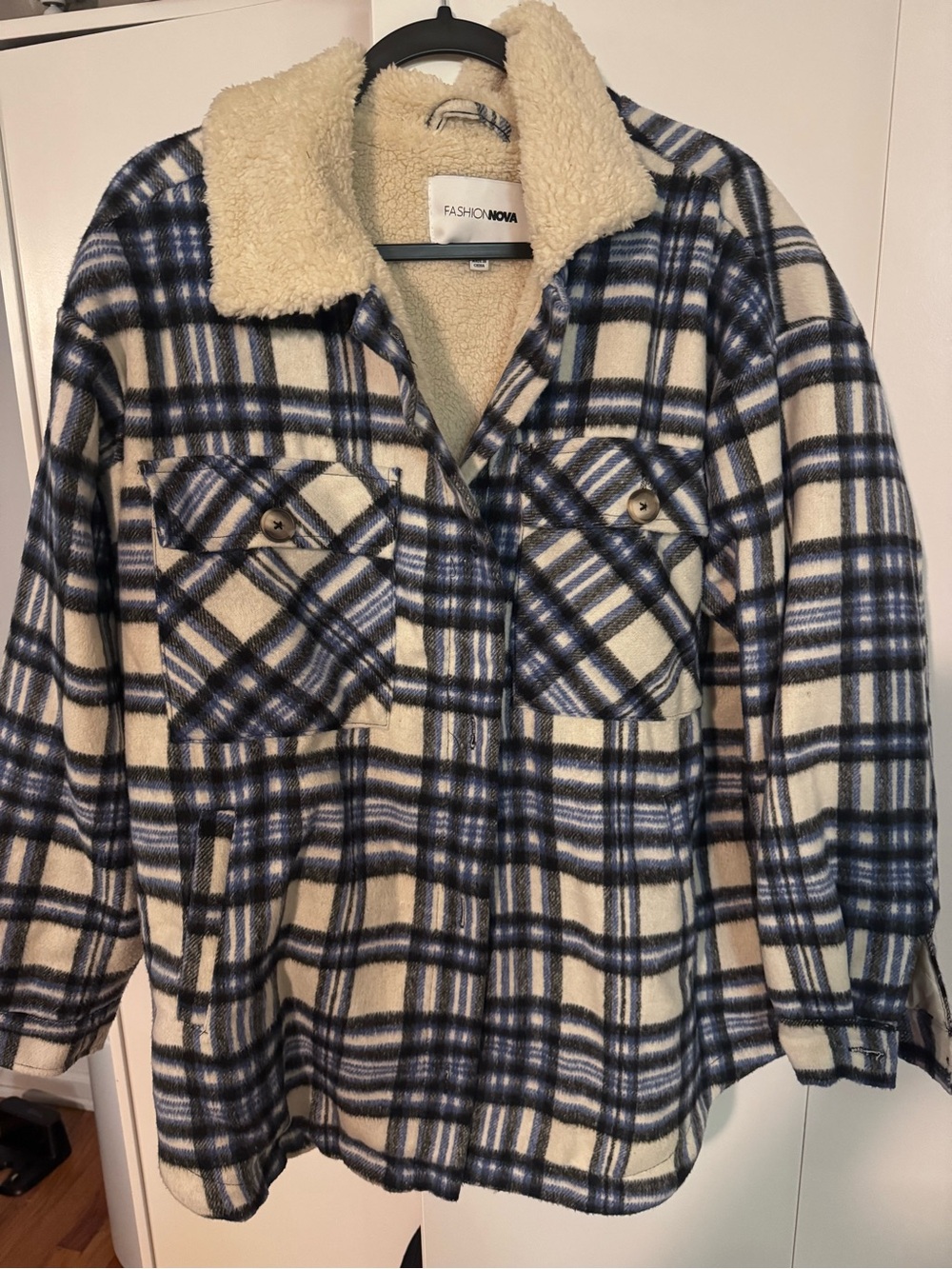 Fashion Nova Plaid Sherpa Jacket - Cream & Navy